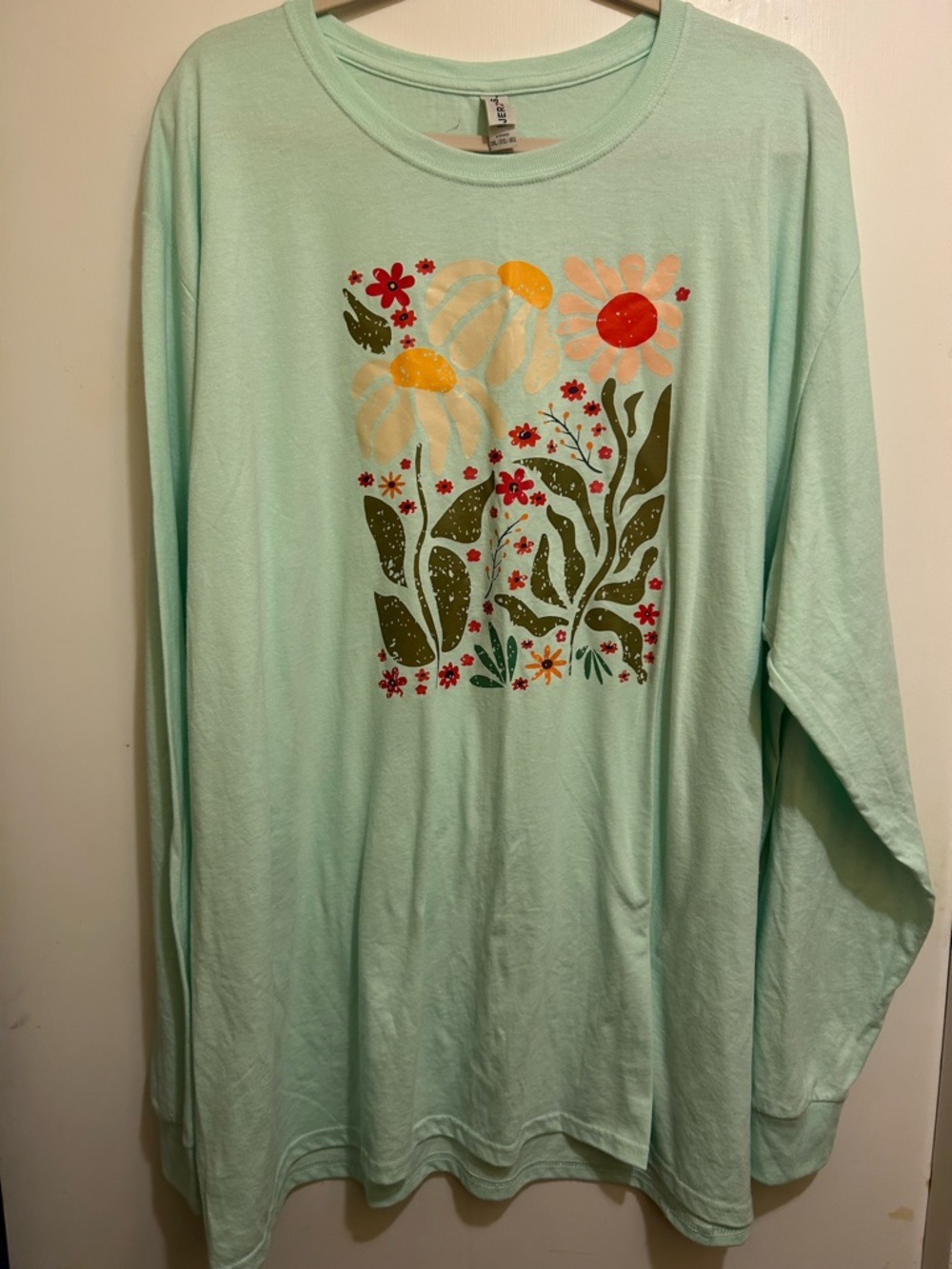 Jerzee’s Like New Mint Green Floral Graphic Long Sleeve Tee, Size 3XL